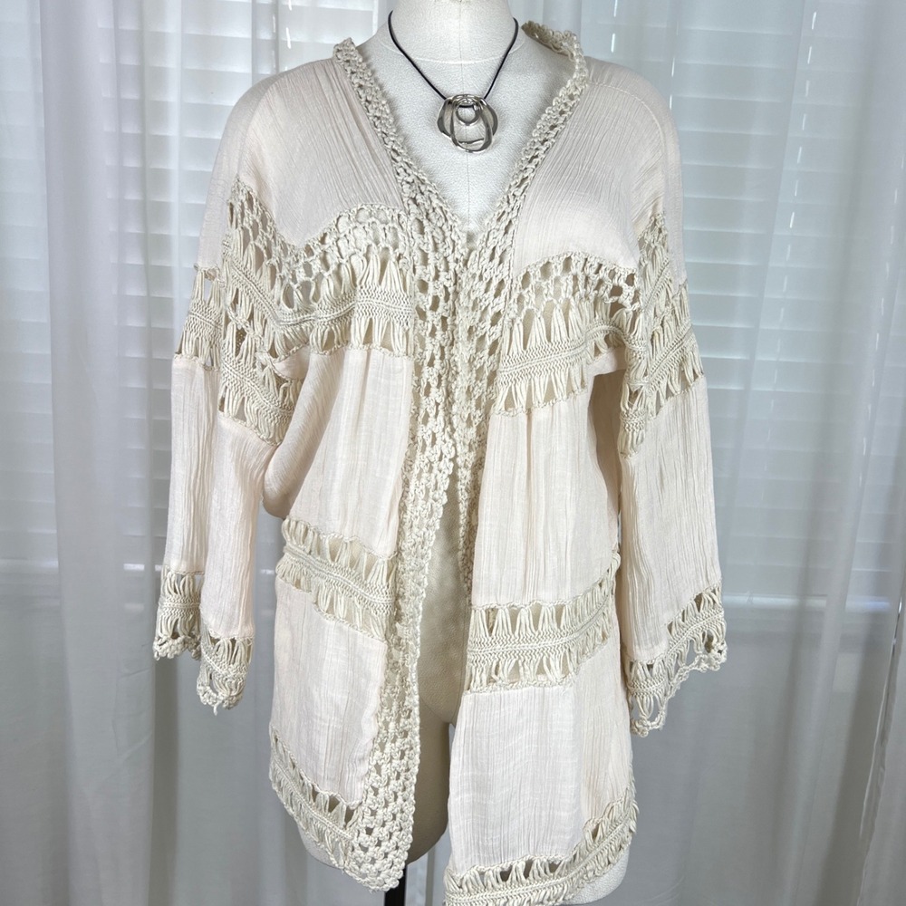 Evelyn K New York Cream Crochet Gauze Boho Open Front Kimono Cardigan Festival